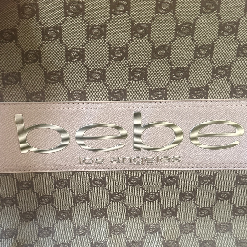 Bebe Serena Beige & Light pale Pink Patterned Tote new w tag silver logo zipper - Picture 2 of 11
